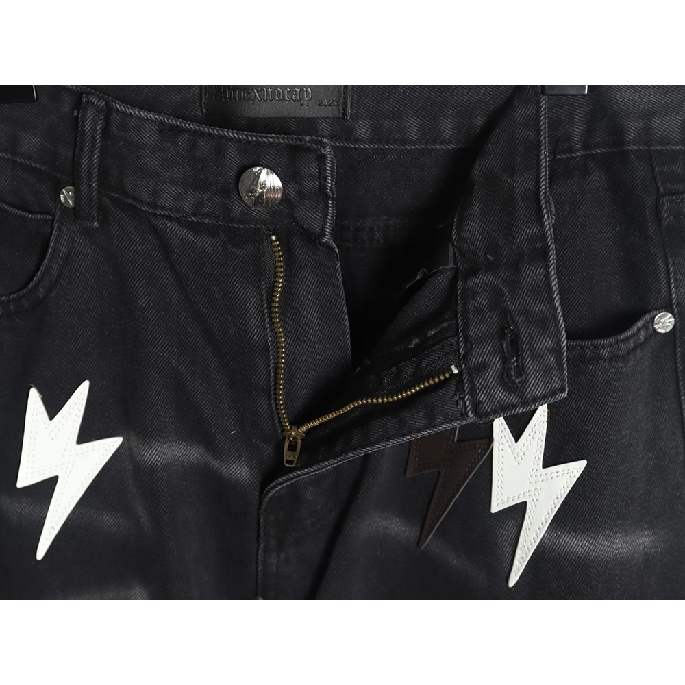 Amexnocap leather label lightning bolt denim trousers TSK2,Amexnocap