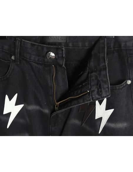 Amexnocap leather label lightning bolt denim trousers TSK2,Amexnocap