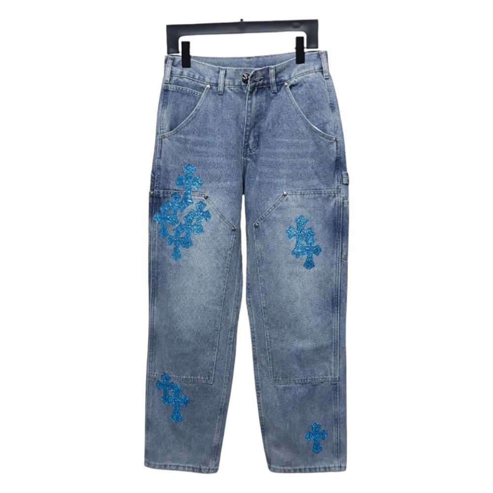 Chrome Hearts multicolor laser cross leather denim trousers,Chrome Hearts