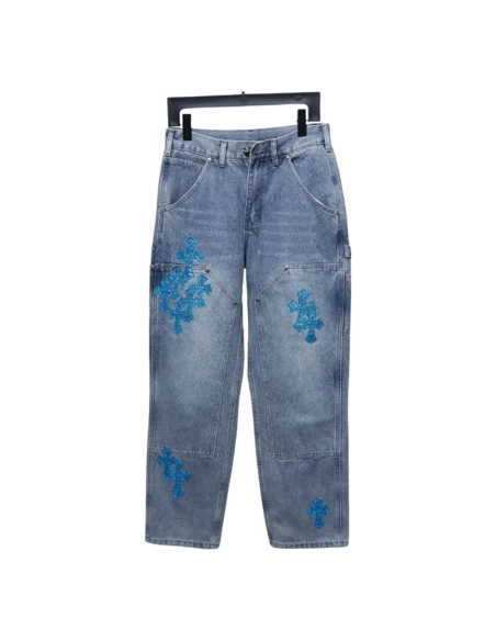 Chrome Hearts multicolor laser cross leather denim trousers,Chrome Hearts