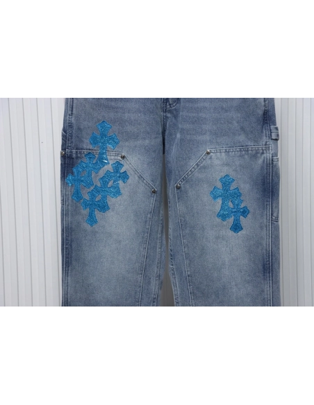 Chrome Hearts multicolor laser cross leather denim trousers,Chrome Hearts