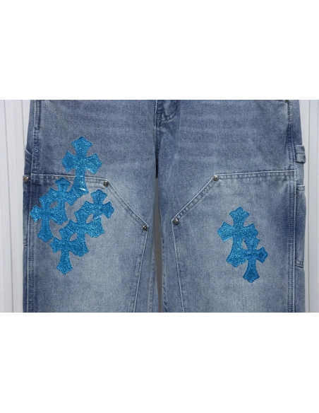 Chrome Hearts multicolor laser cross leather denim trousers,Chrome Hearts