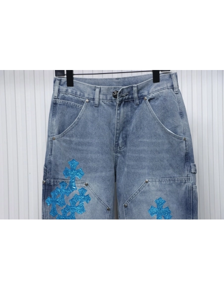 Chrome Hearts multicolor laser cross leather denim trousers,Chrome Hearts