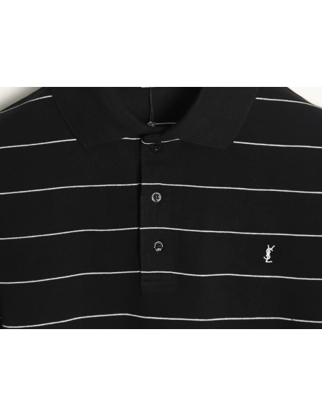Saint Laurent YSL Logo Embroidered Striped Short Sleeve Polo Shirt,Saint Laurent