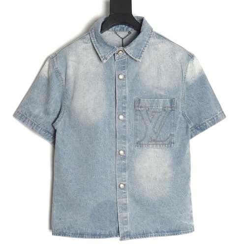 Louis Vuitton Embroidered Pocket Denim Short Sleeve Shirt Jacket,Louis Vuitton T Shirt,Tshirt,APPAREL