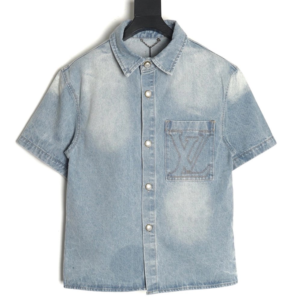 Louis Vuitton Embroidered Pocket Denim Short Sleeve Shirt Jacket,Louis Vuitton T Shirt,Tshirt,APPAREL