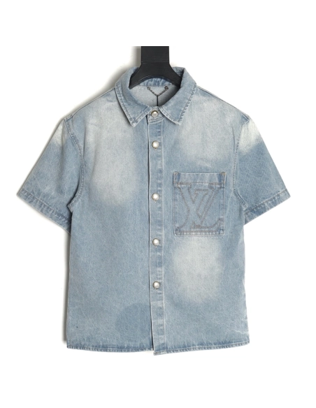 Louis Vuitton Embroidered Pocket Denim Short Sleeve Shirt Jacket,Louis Vuitton T Shirt,Tshirt,APPAREL