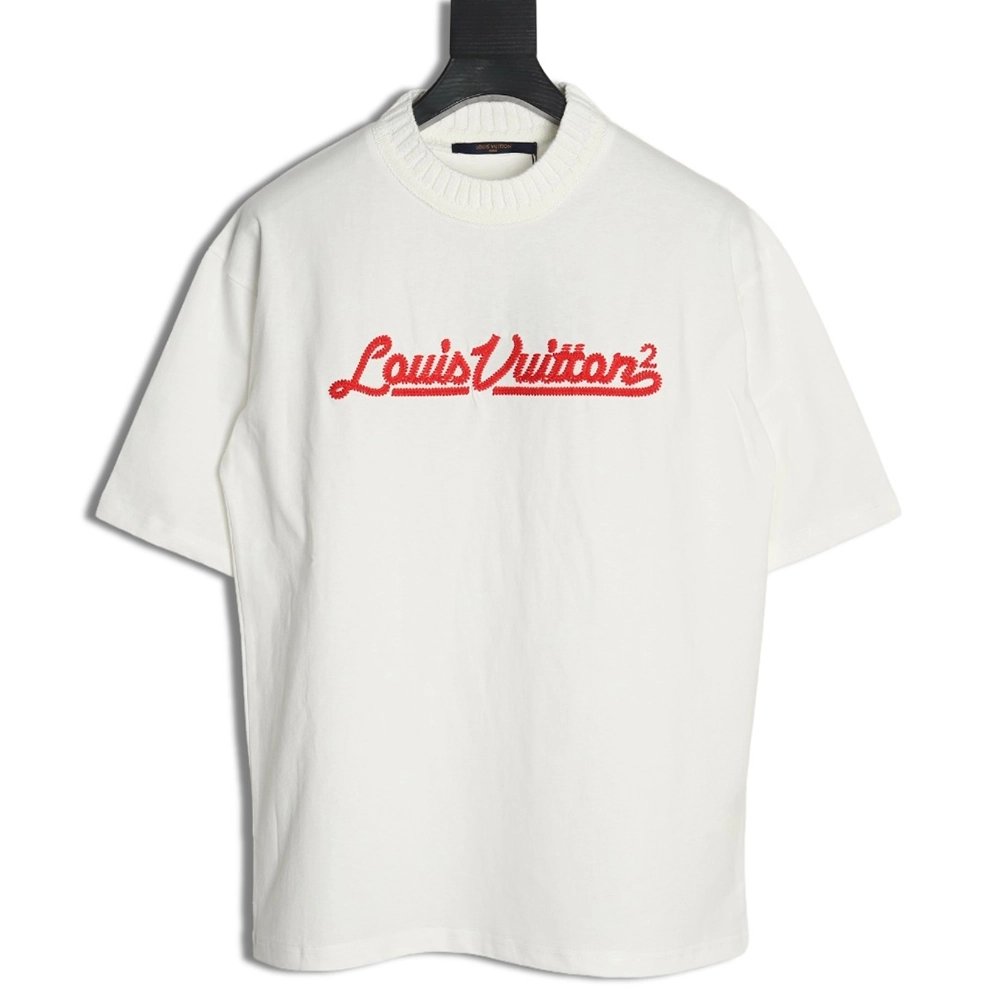 Louis Vuitton red letter embroidered round neck shortsleeved Tshirt,Louis Vuitton T Shirt,Tshirt,Hiqh quality low price,free shi
