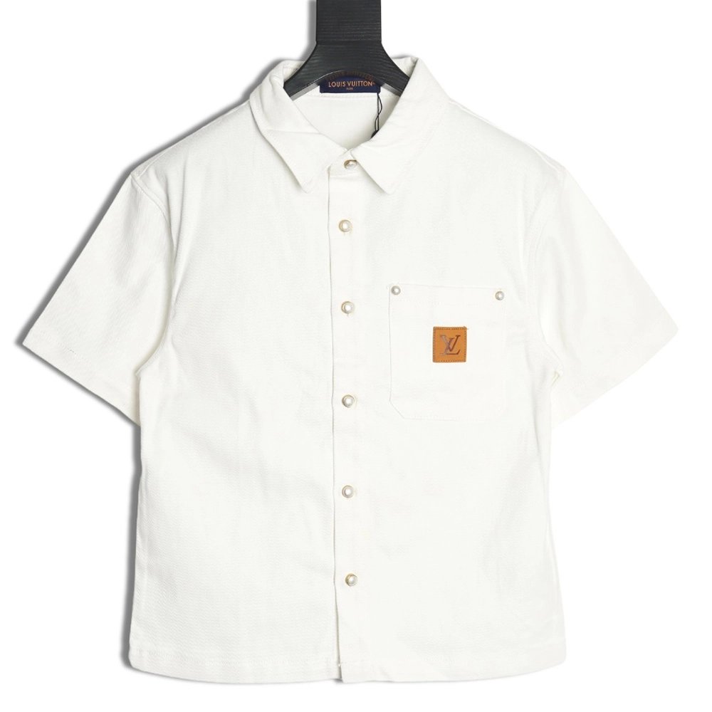 Louis Vuitton leather label pocket short sleeve denim shirt,Louis Vuitton Shirt,Shirt,Hiqh quality low price,free shipping