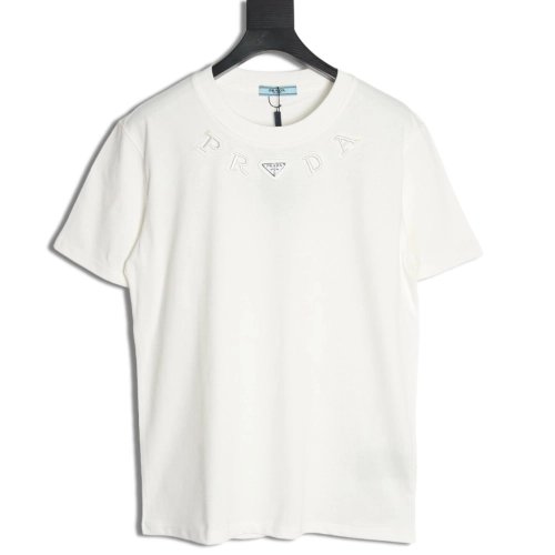 Prada neckline letter embroidery triangle logo short sleeves,Prada