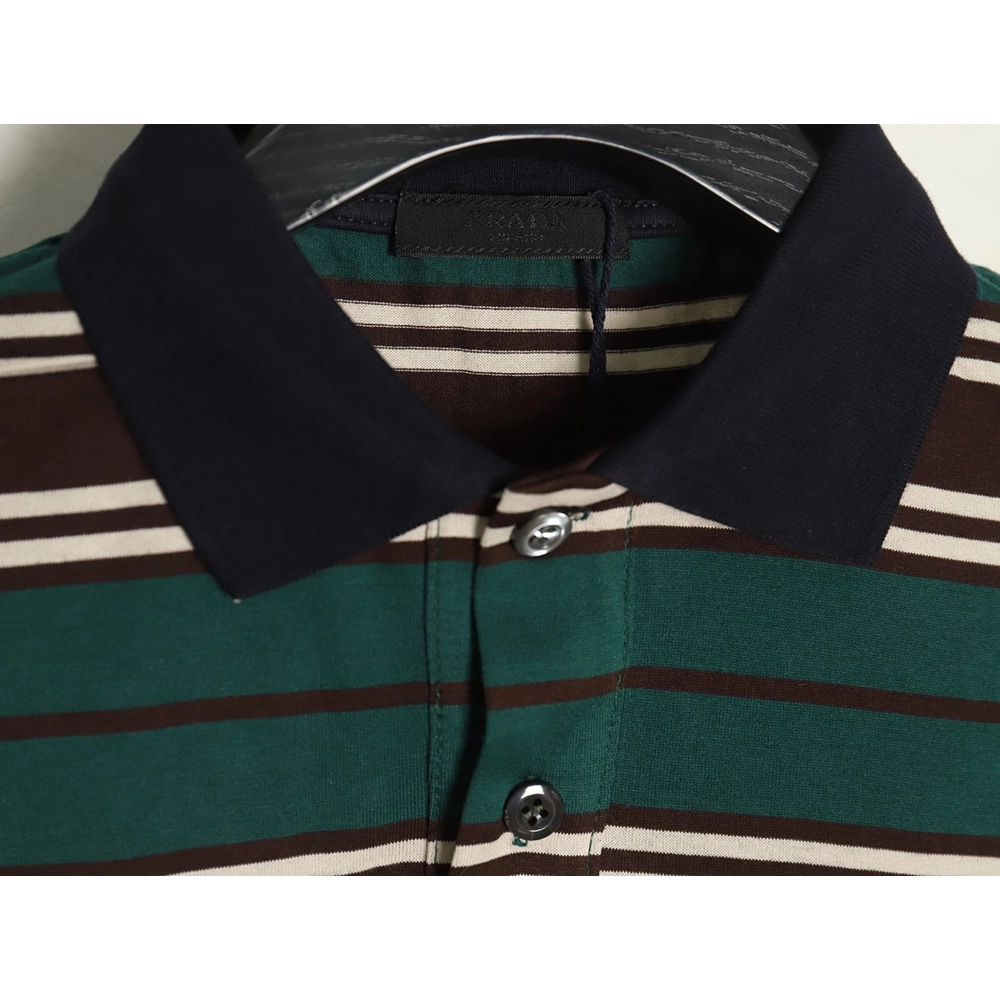 Prada Green Striped Long Sleeve Polo Shirt,Prada