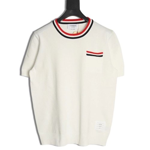 Thom Browne Neckline Tricolor Simple Knitted Round Neck Short Sleeves,Thom Browne
