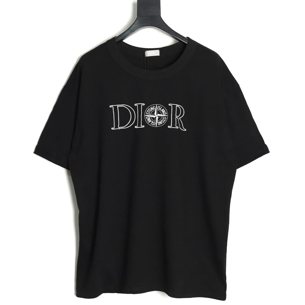 Dior &amp; Stone Island Embroidered Letter Compass Short Sleeve T-Shirt TSK1,Dior