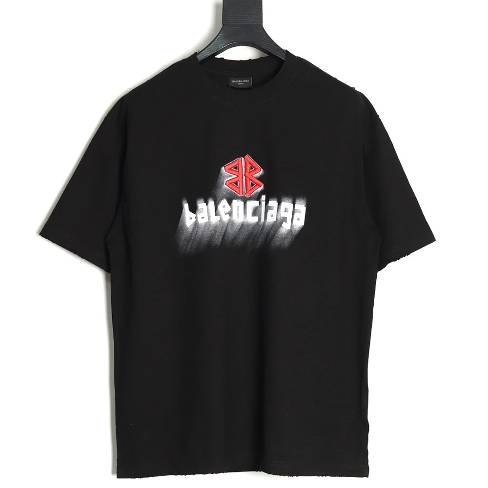 Balenciaga Double B embroidery and 3D inkjet logo ripped short-sleeved T-shirt TSK1,Balenciaga