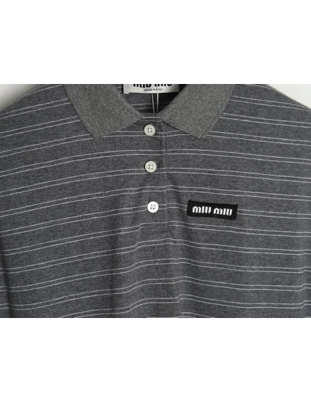 Miu Miu Grey Stripe Logo Long Sleeve Polo Shirt,Miu Miu