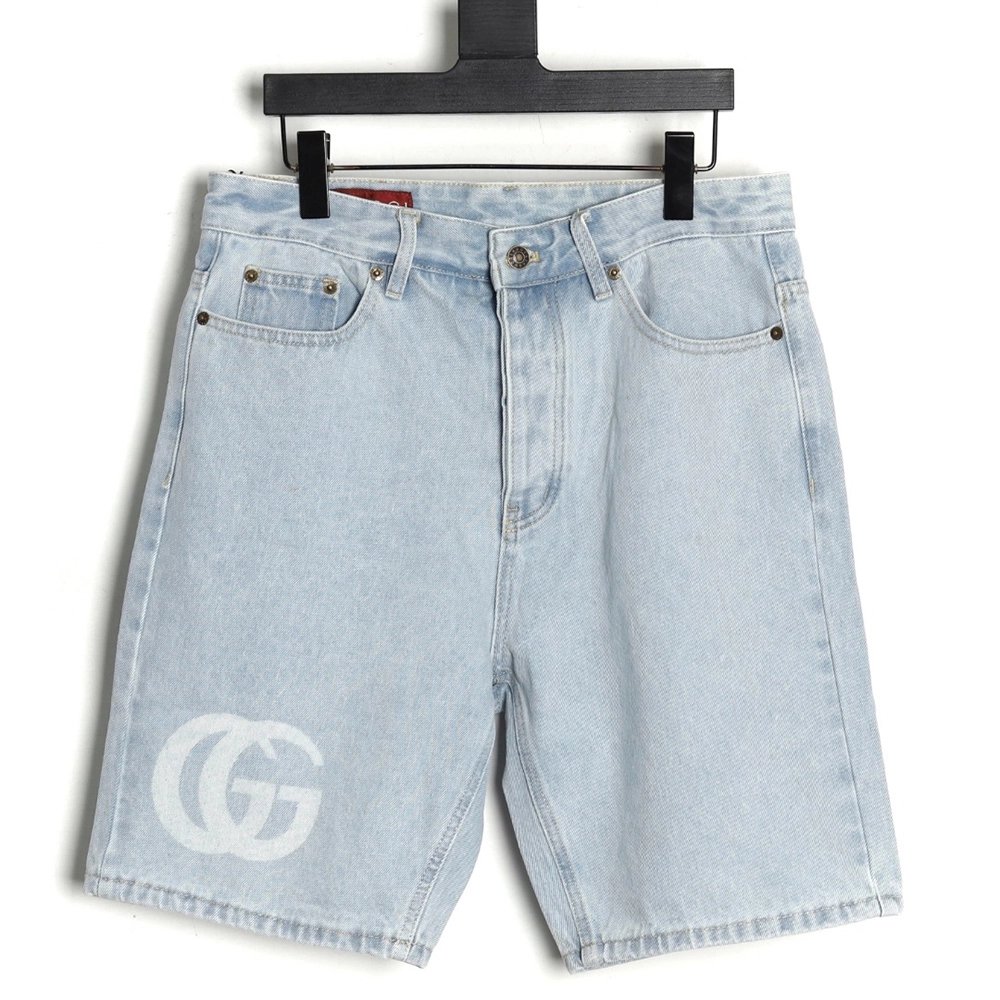 Gucci Double G print washed blue denim shorts,Gucci