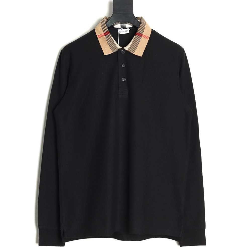 Burberry Check Lapel Long Sleeve Polo Shirt Black,Burberry