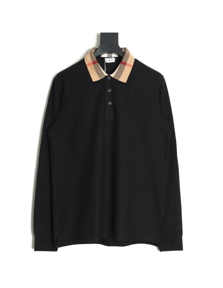 Burberry Check Lapel Long Sleeve Polo Shirt Black,Burberry