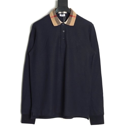Burberry Check Lapel Long Sleeve Polo Shirt Navy,Burberry