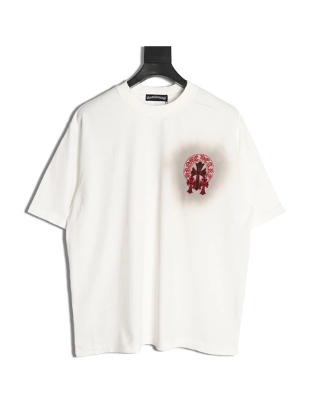 Chrome Hearts Red Label Cross Patch Embroidered Washed Hole Short Sleeve T-Shirt TSK1,Chrome Hearts