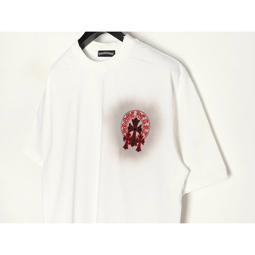 Chrome Hearts Red Label Cross Patch Embroidered Washed Hole Short Sleeve T-Shirt TSK1,Chrome Hearts