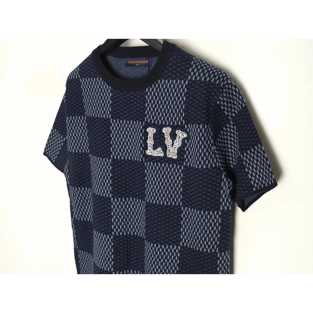Louis Vuitton Pharrell diamond logo checkerboard knitted short sleeved,Louis Vuitton T Shirt,Tshirt,APPAREL
