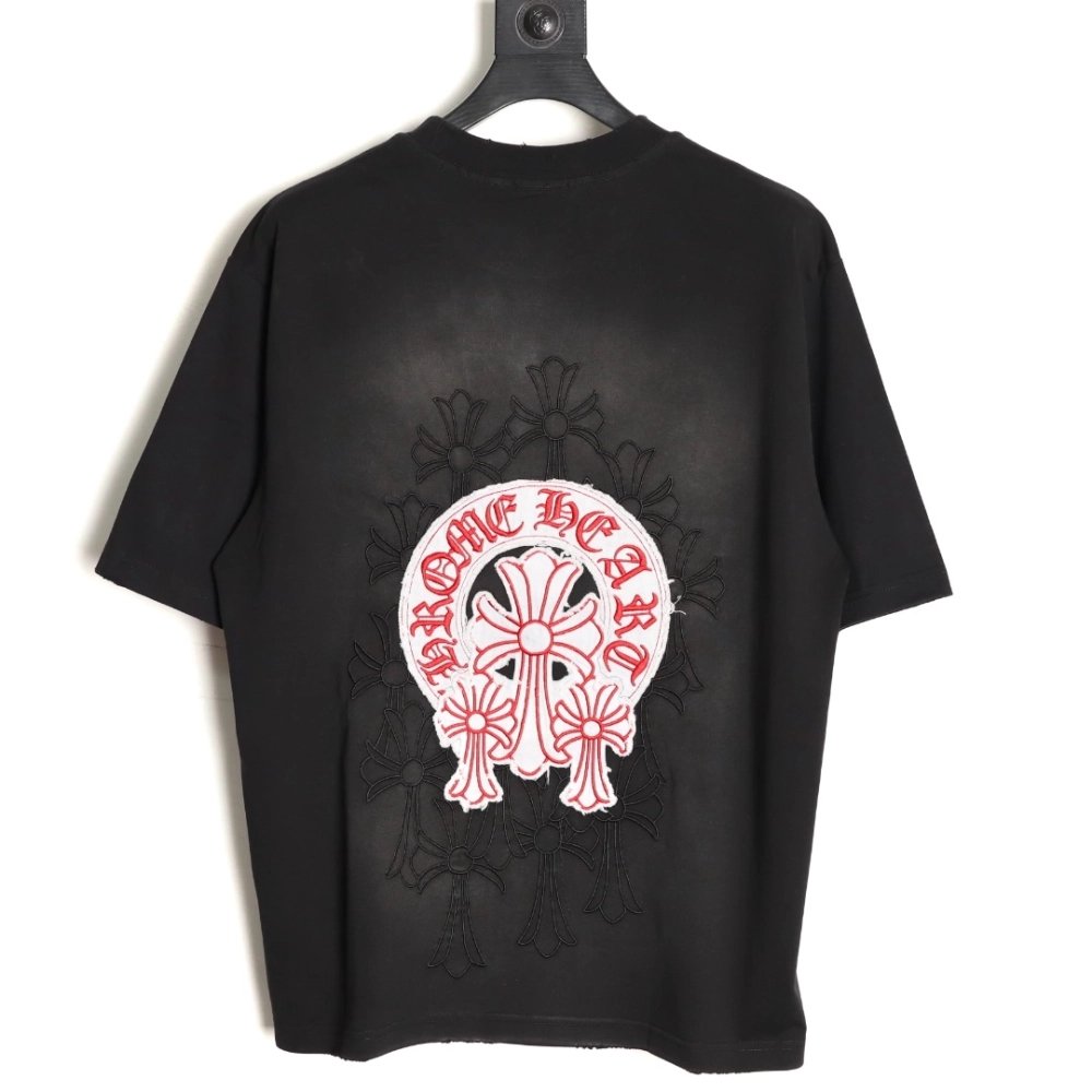 Chrome Hearts Red Label Cross Patch Embroidered Washed Hole Short Sleeve T-shirt TSK1,Chrome Hearts