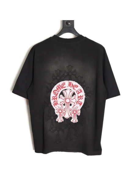 Chrome Hearts Red Label Cross Patch Embroidered Washed Hole Short Sleeve T-shirt TSK1,Chrome Hearts