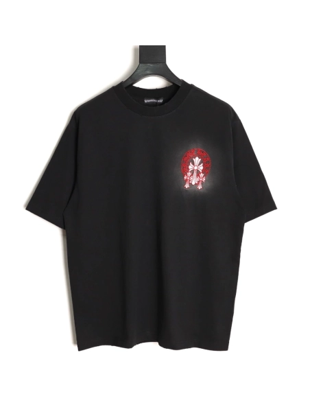 Chrome Hearts Red Label Cross Patch Embroidered Washed Hole Short Sleeve T-shirt TSK1,Chrome Hearts