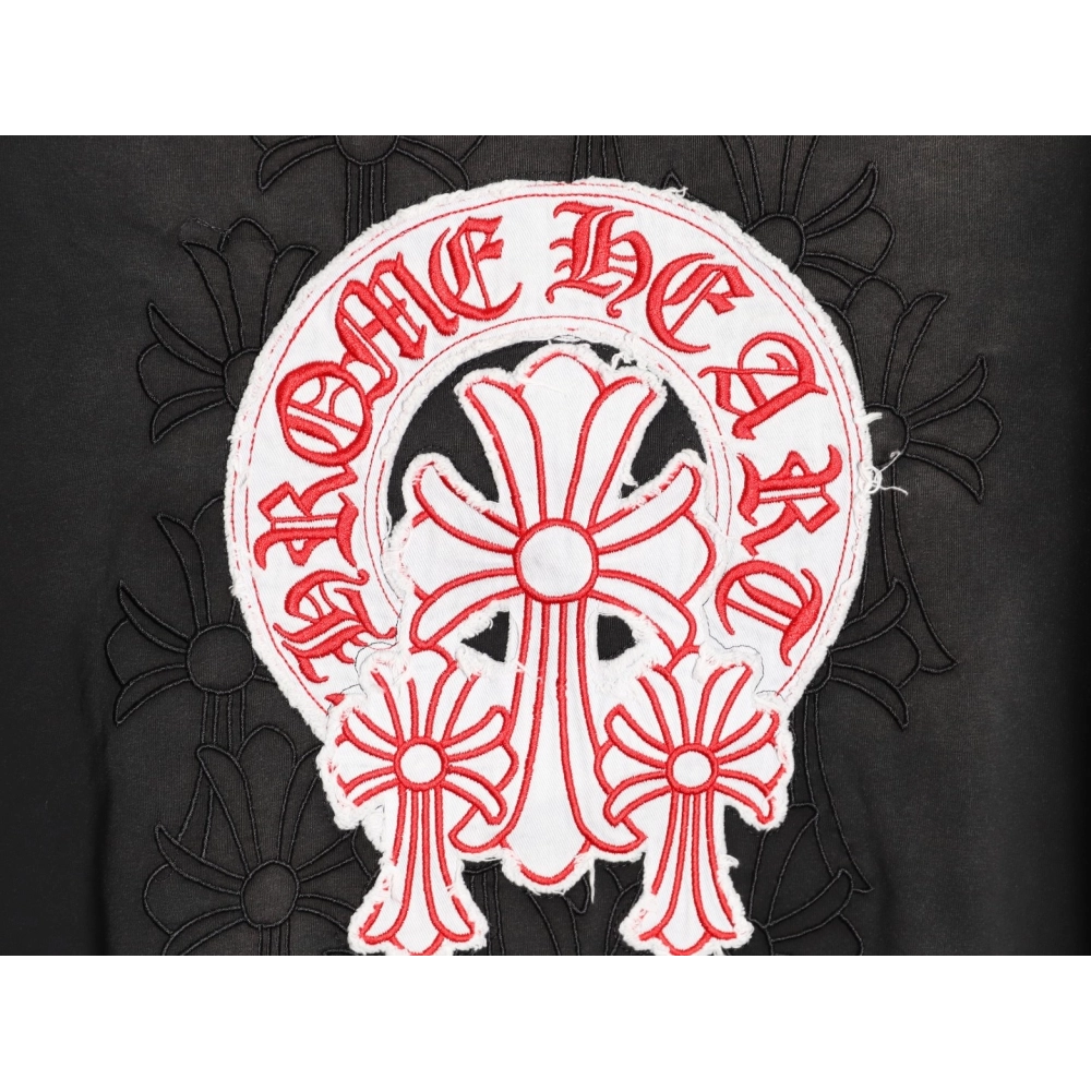 Chrome Hearts Red Label Cross Patch Embroidered Washed Hole Short Sleeve T-shirt TSK1,Chrome Hearts