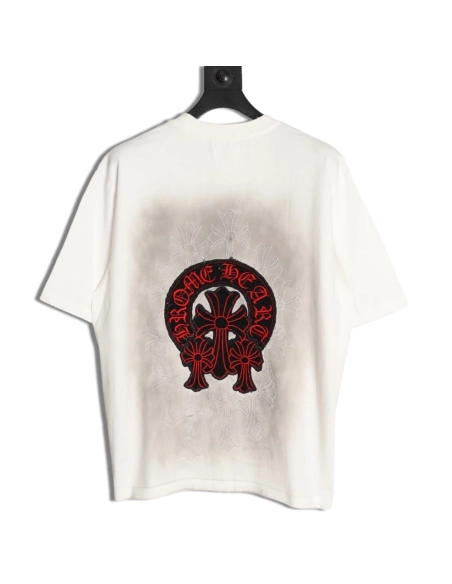Chrome Hearts Red Label Cross Patch Embroidered Washed Hole Short Sleeve T-shirt,Chrome Hearts