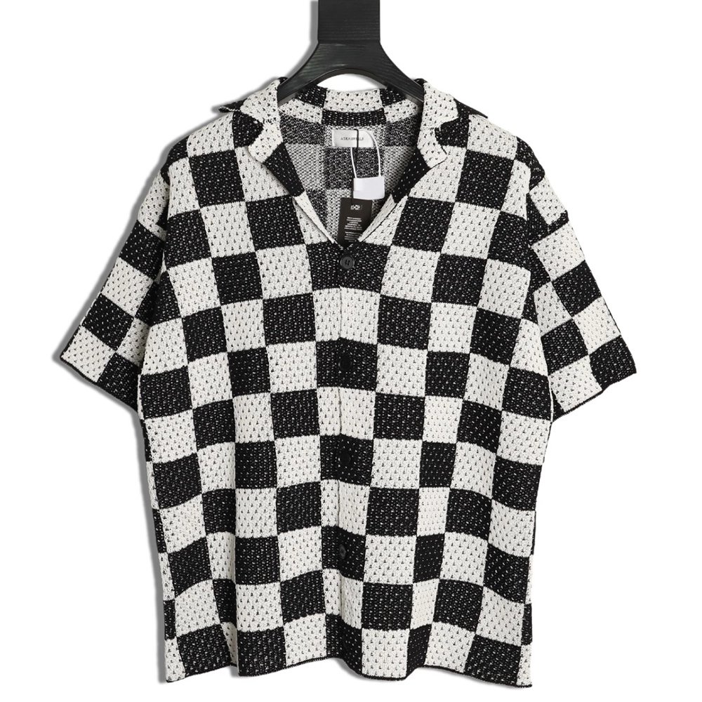 Askyurself checkerboard knit short-sleeved shirt TSK1,ASKYURSELF