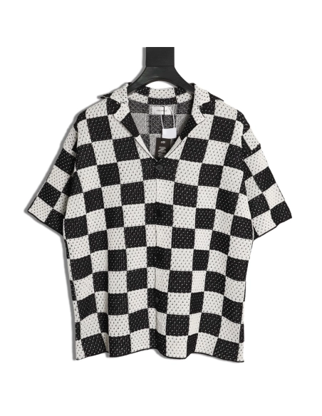 Askyurself checkerboard knit short-sleeved shirt TSK1,ASKYURSELF