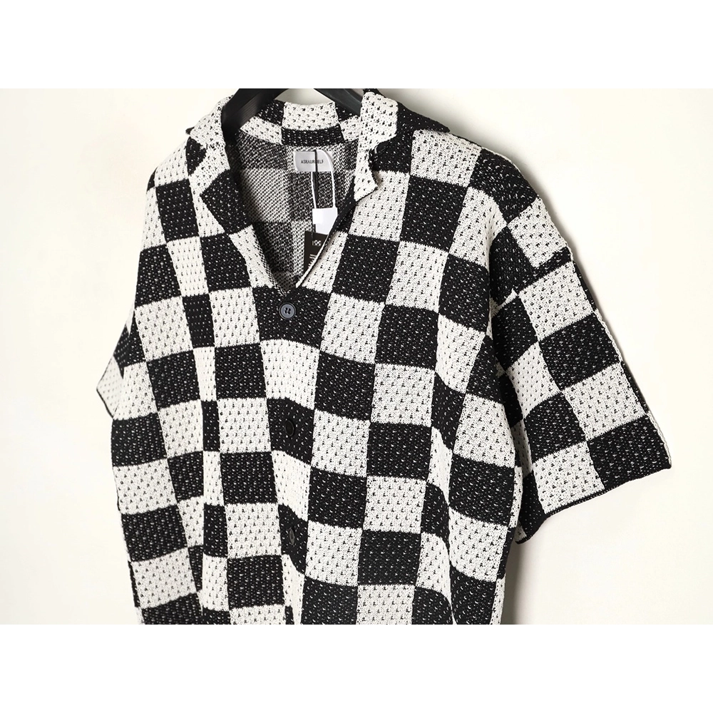 Askyurself checkerboard knit short-sleeved shirt TSK1,ASKYURSELF