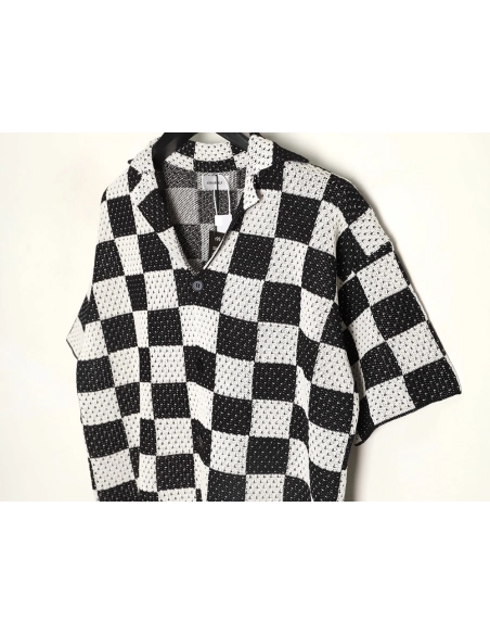 Askyurself checkerboard knit short-sleeved shirt TSK1,ASKYURSELF