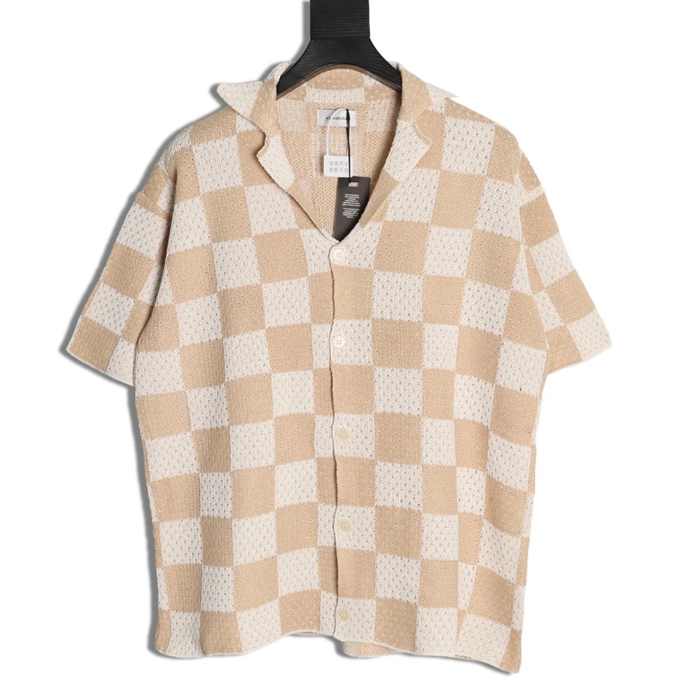 Askyurself checkerboard knit short-sleeved shirt,ASKYURSELF