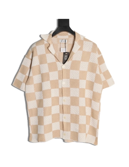 Askyurself checkerboard knit short-sleeved shirt,ASKYURSELF