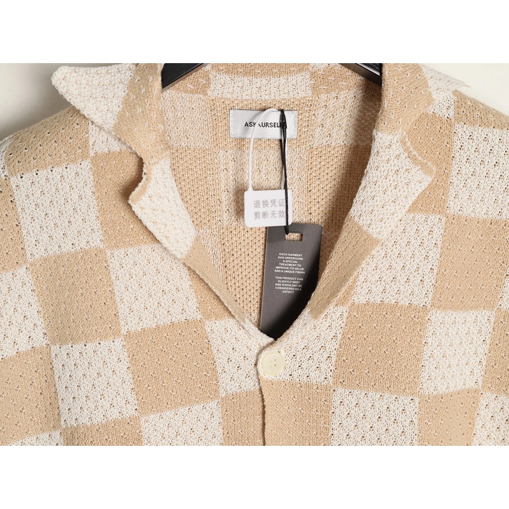 Askyurself checkerboard knit short-sleeved shirt,ASKYURSELF