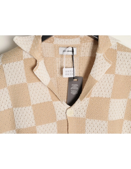 Askyurself checkerboard knit short-sleeved shirt,ASKYURSELF