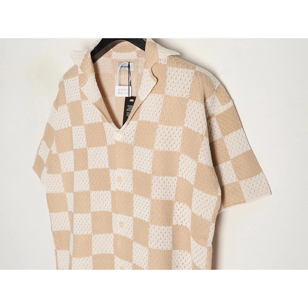 Askyurself checkerboard knit short-sleeved shirt,ASKYURSELF
