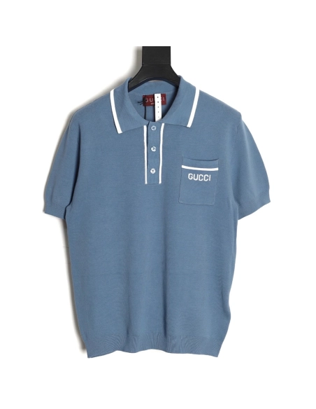 Gucci contrast collar embroidered logo knitted polo short sleeve,Gucci