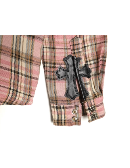 Chrome Hearts all-over printed double-sleeved leather logo plaid shirt,Chrome Hearts