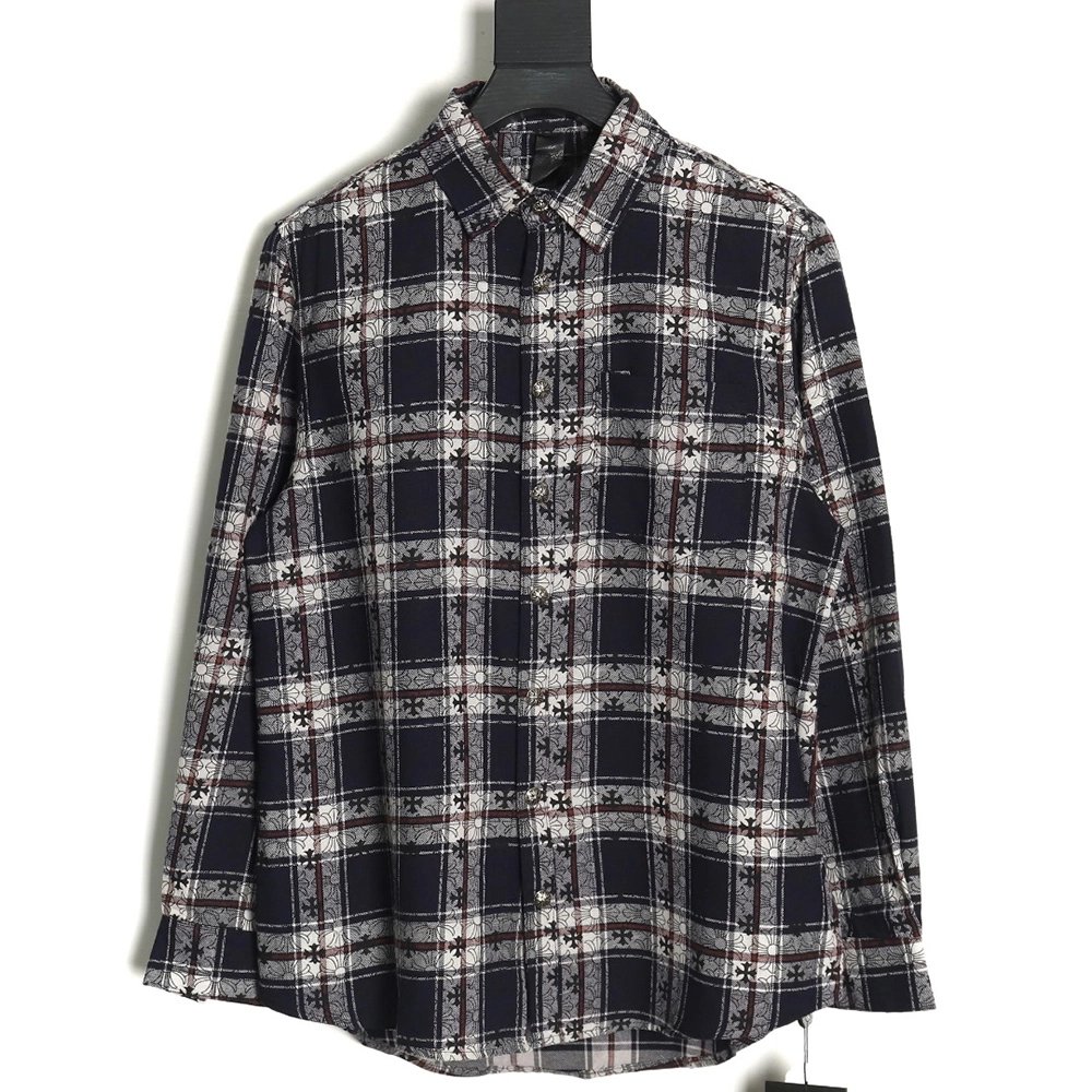 Chrome Hearts all-over printed cuffs leather plaid shirt,Chrome Hearts