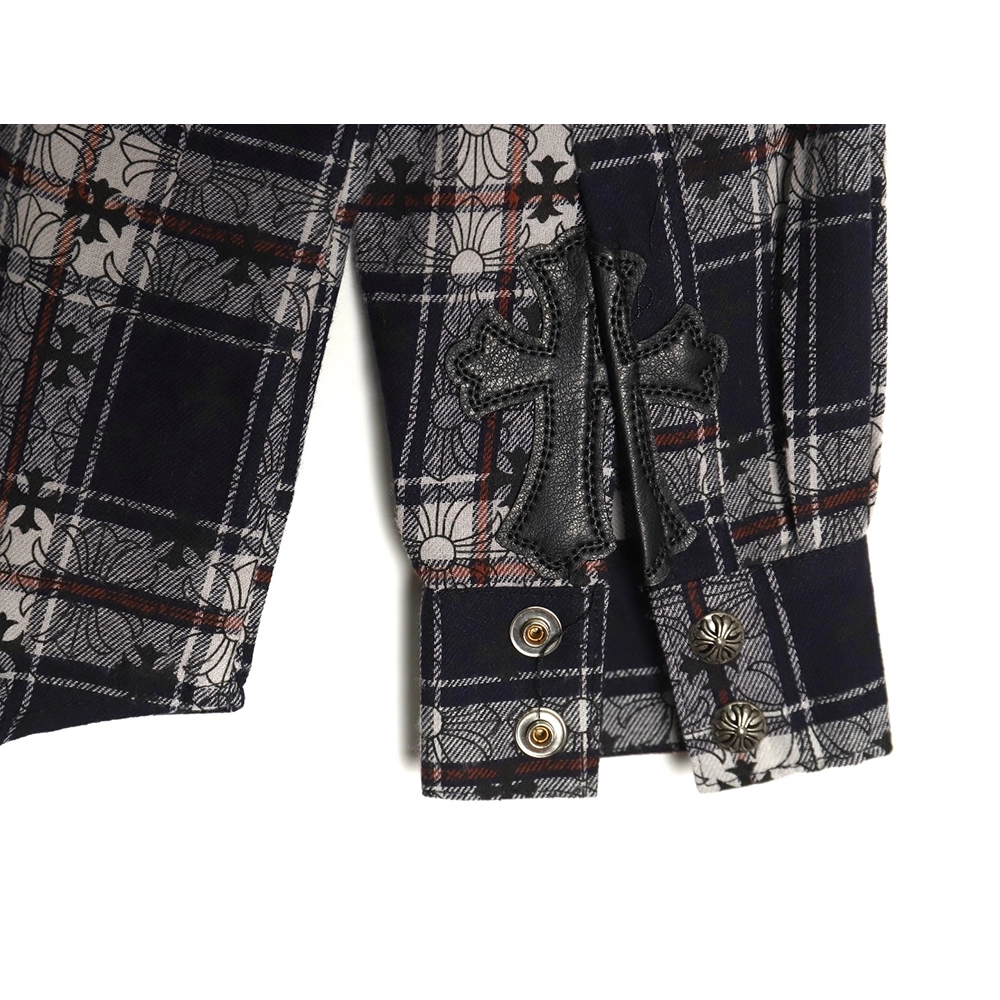 Chrome Hearts all-over printed cuffs leather plaid shirt,Chrome Hearts