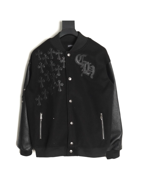 Chrome Hearts cross-patch multi-label leather sleeve baseball jacket,Chrome Hearts