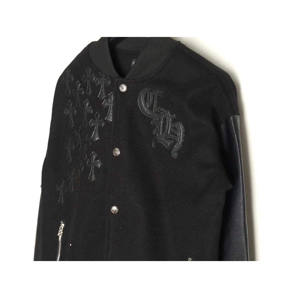 Chrome Hearts cross-patch multi-label leather sleeve baseball jacket,Chrome Hearts