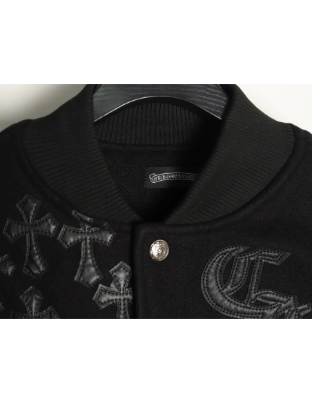 Chrome Hearts cross-patch multi-label leather sleeve baseball jacket,Chrome Hearts