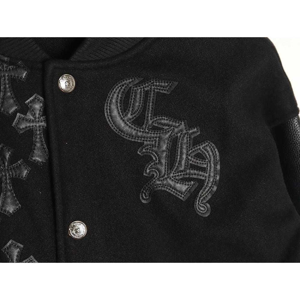 Chrome Hearts cross-patch multi-label leather sleeve baseball jacket,Chrome Hearts