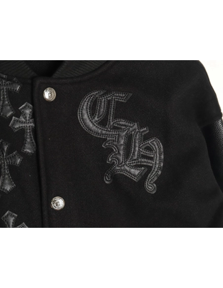 Chrome Hearts cross-patch multi-label leather sleeve baseball jacket,Chrome Hearts