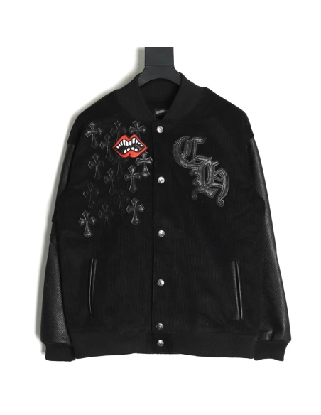 Chrome Hearts embroidered lips patchwork leather baseball jacket,Chrome Hearts